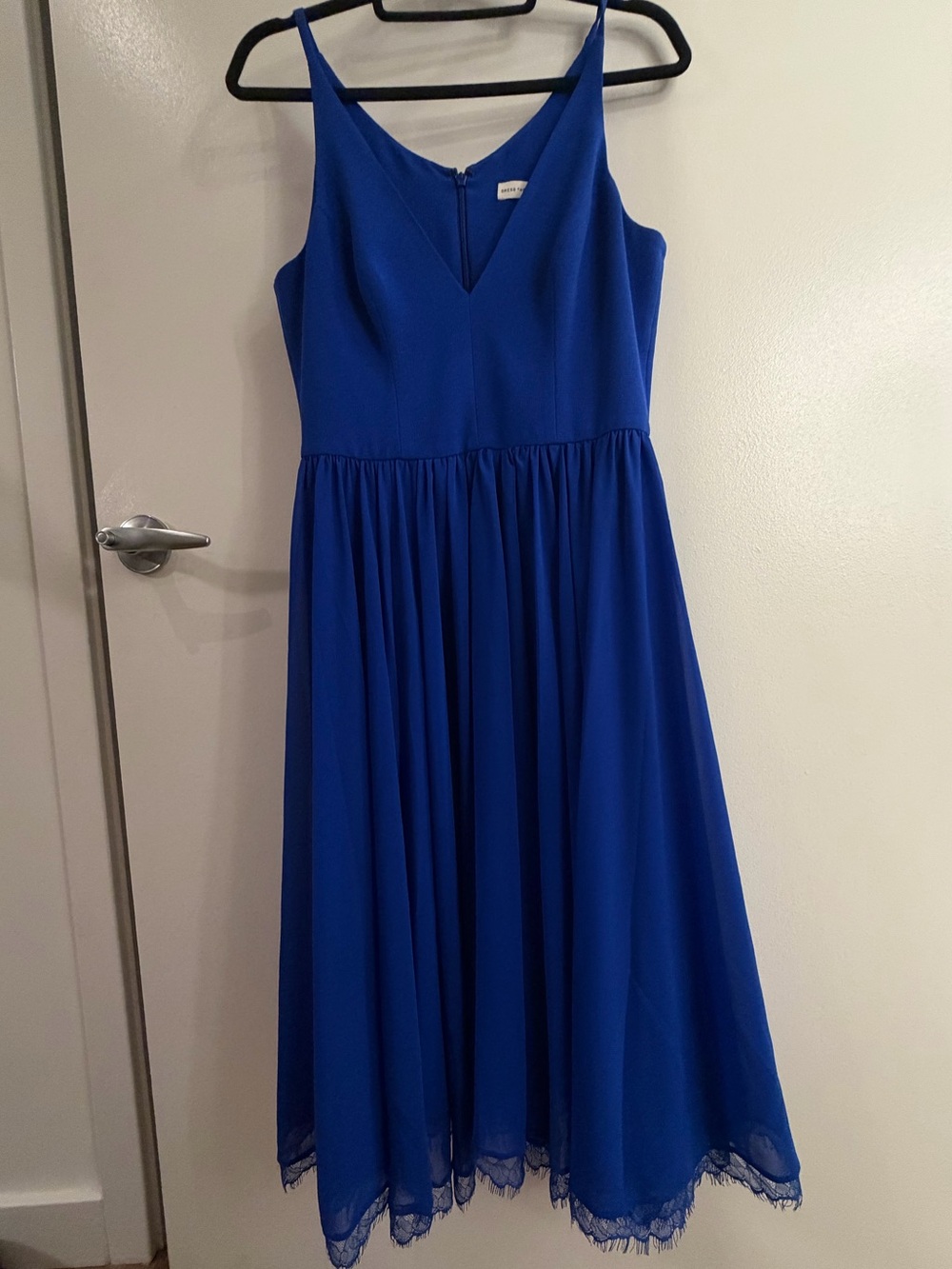 Dress the Population Royal Blue V-Neck Spaghetti Strap Dress with Lace Hem